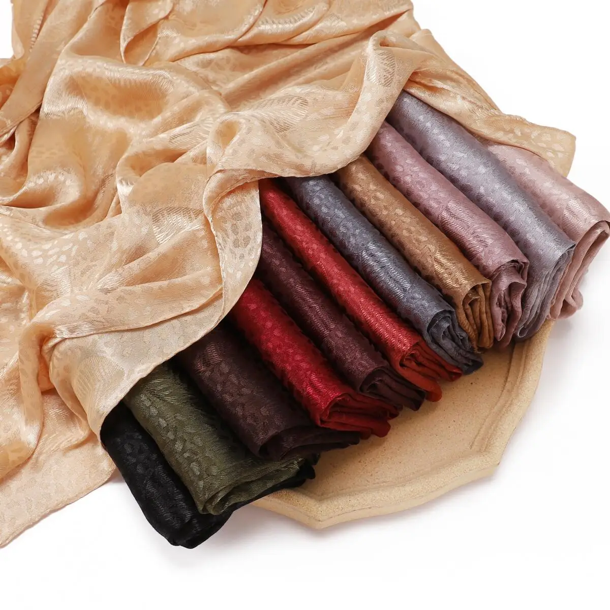 Premium Satin Hijab Long Shawl Jacquard Leaf Pattern Plain Soft Silk Scarf for Women Daily Wear Elegant Fashion Headscarf