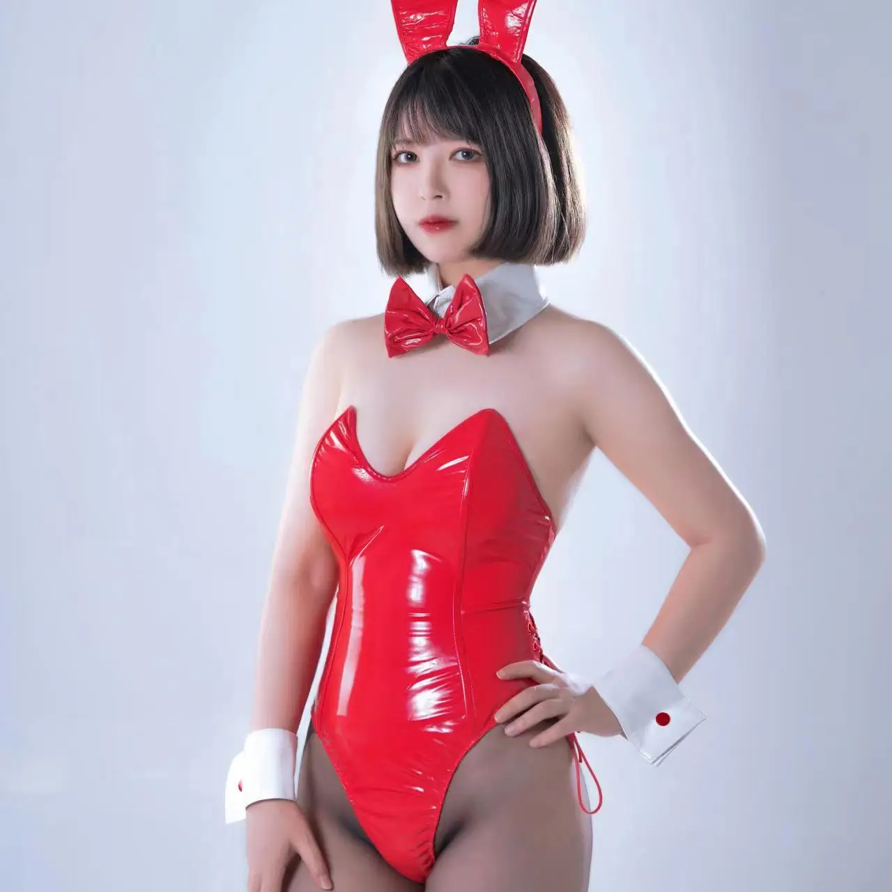 

Sexy Dark Reign Maid Cosplay Costume Leather Leotard Elastic Bunny Girl Faux Leather Anime Dress for Geek Girls