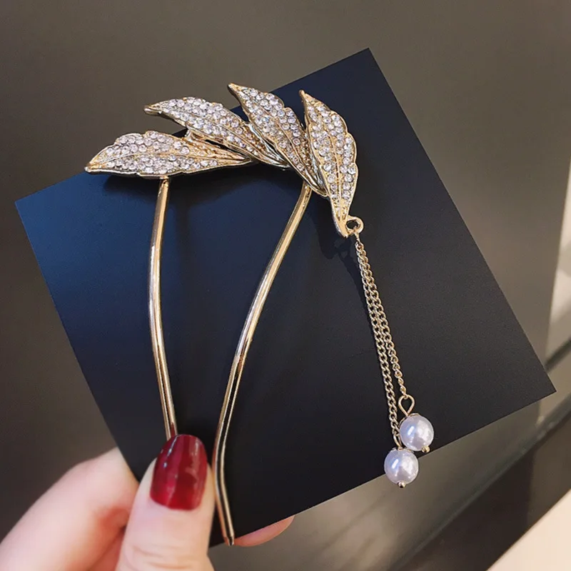 Fashion Hair Stick Women Hair Clips Metal Pearl Rhinestones U Shape Hair Clip Girls Leaf Hair Sticks Hair Accessories 2022 New