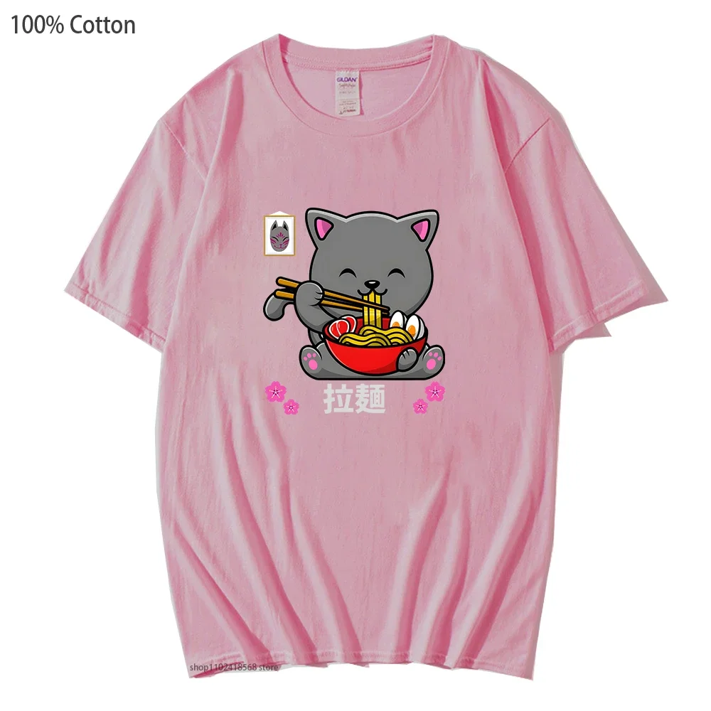 

Cat Eating Spaghetti T-Shirts Summer 100% Cotton Tops Harajuku Sweatwear Women Cartoon Tshirt Personality Tees Y2k Clothes Men