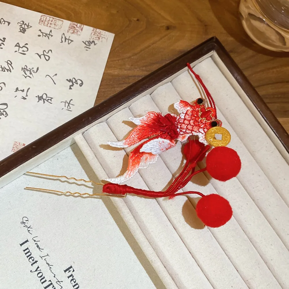 

Retro Red Flower Hair Clip Antique Koi Fish Chinese Style Hair Stick Tassel Hair Chopstick Spring Festival Headwear Women