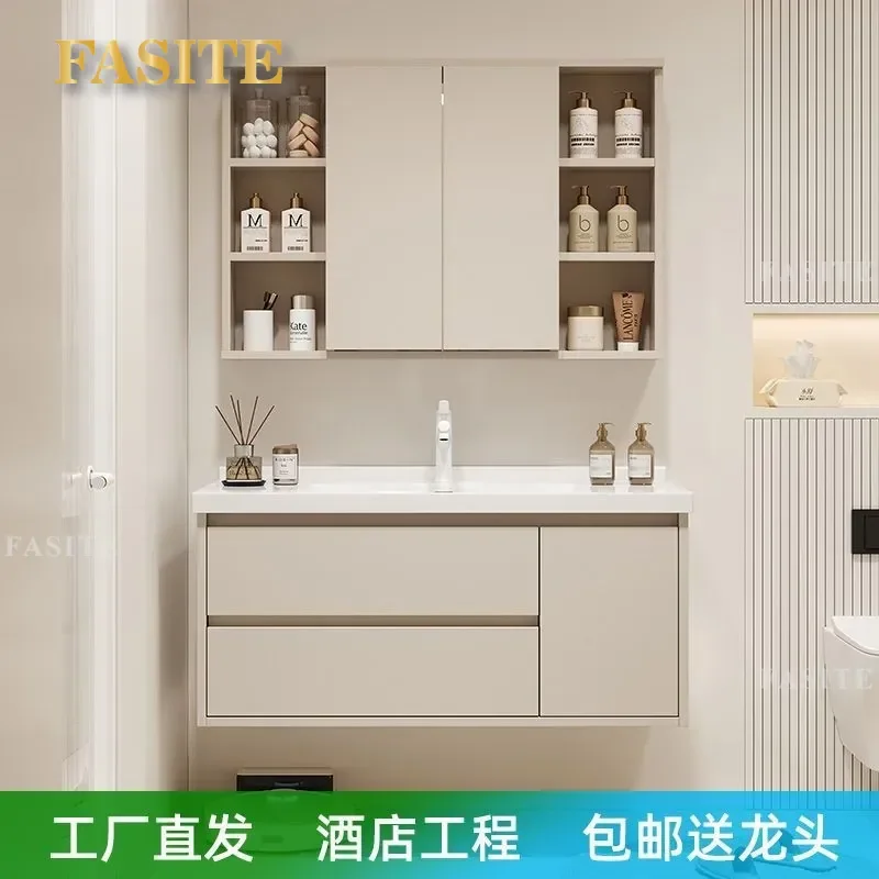 For Bathroom Cream Style Folding Hidden Feng Shui Mirror Cabinet Ceramic Integrated Smart Washbasin Combo Space Saving Modern