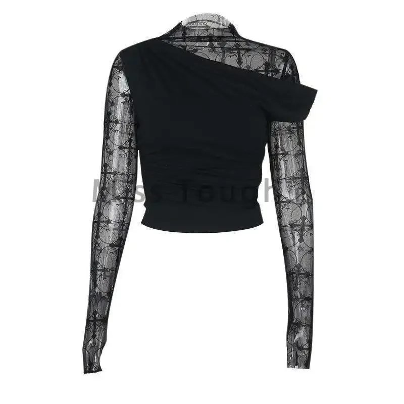 Goth Dark Spring Fashion Long Sleeve Oblique Shoulder Tops Elegant Flocking Mesh Patchwork T-shirts Y2k Fashion Long Sleeve Tees