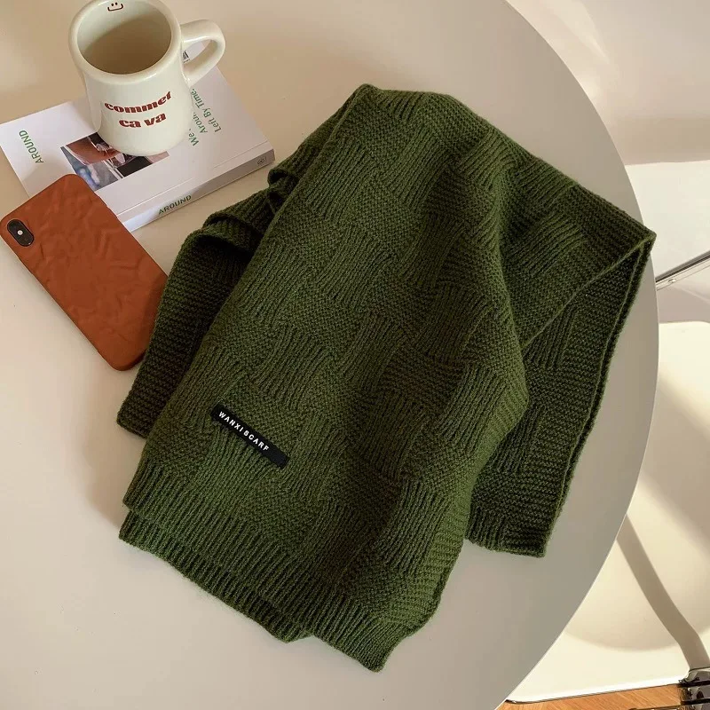 

Зимний клетчатый вязаный шарф для женщин, однотонный универсальный темпераментный утолщенный шерстяной шарф для шеи.