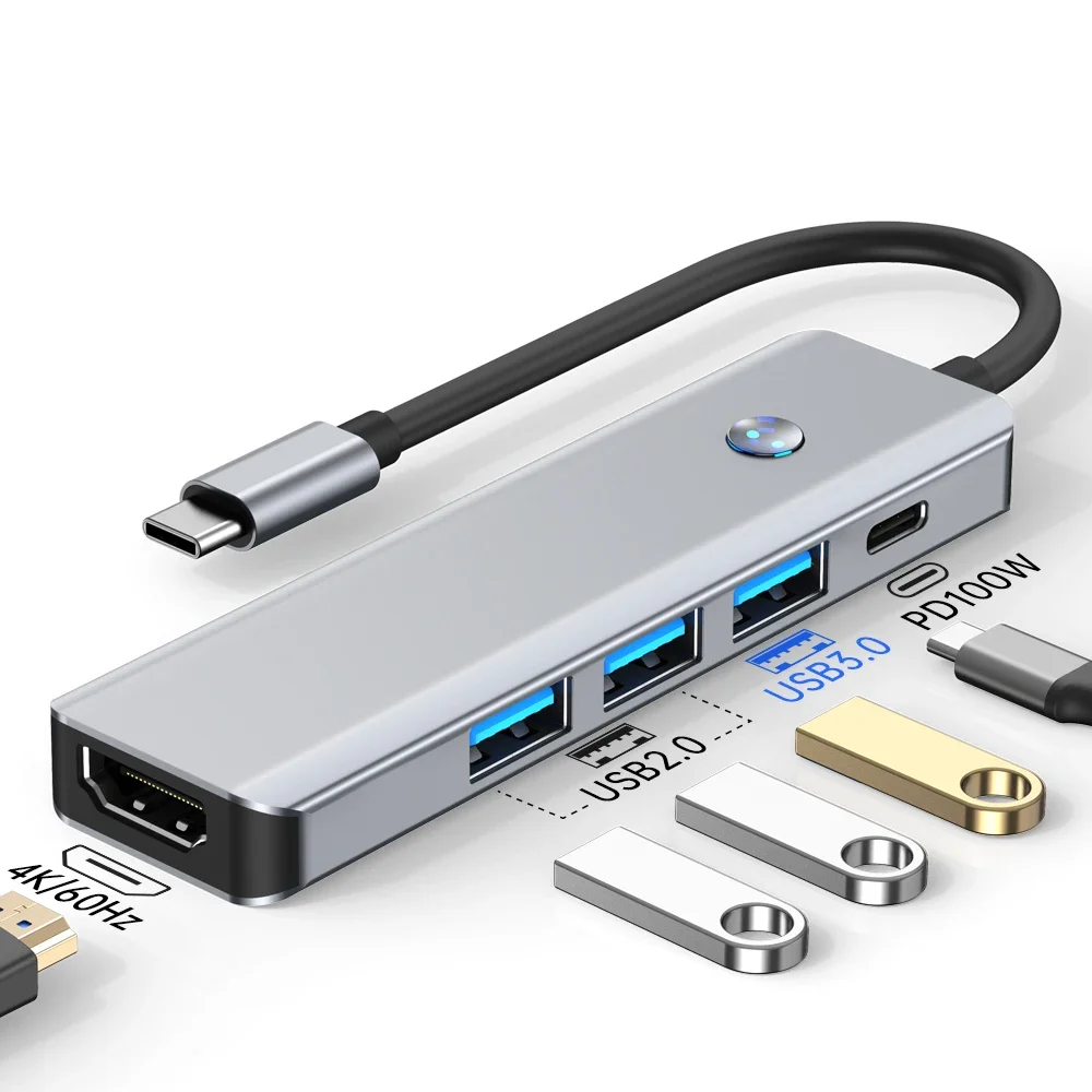 5 in 1 USB C Multiport Adapter 4K 60Hz HDMI-Compatible 100W PD Charging USB 3.0 5Gbps Type C Docking Hub for All Type-C Laptops
