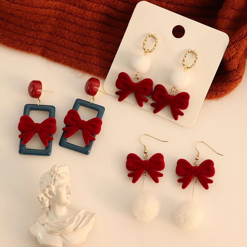 KADRUFI Women New Year Christmas Wine Red Velvet Bow Earrings Korean Fashion Girls White Plush Ball Dangle Earring Jewelry Gift