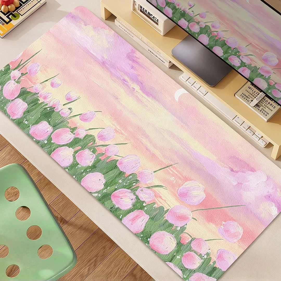 Korea Ins Gentle Tulip Flower Leather Y2K Mouse Pads Desk Mat for Office Gaming Waterproof Non-slip Computer Pad Keyboard Pads