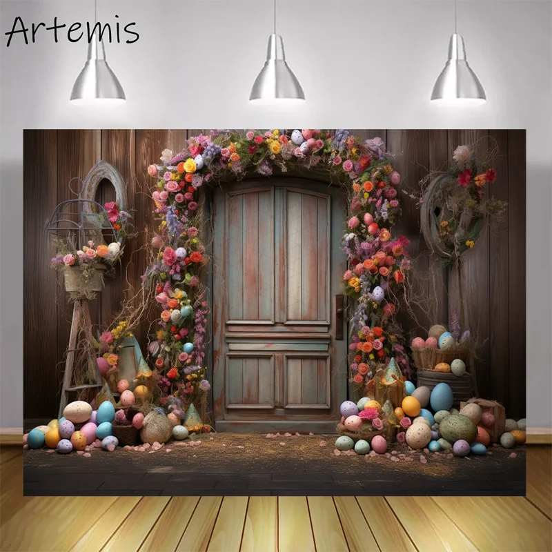 

Easter Photography Backdrop Easter Eggs Wooden Door Green Grass Spring Vibrant Baby Birthday Portrait Background Photo Studio