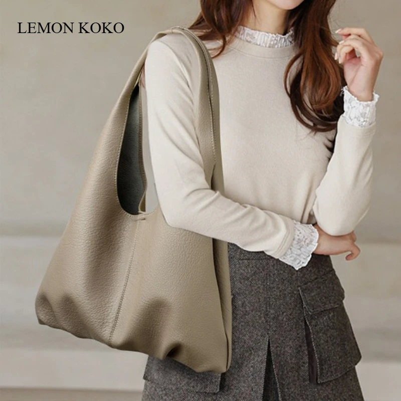 

LEMON KOKO Tote Bag Women's Simple Soft Leather Shoulder Bag Fashion Commuter Large Capacity Tote Bag Mother and Child Bag