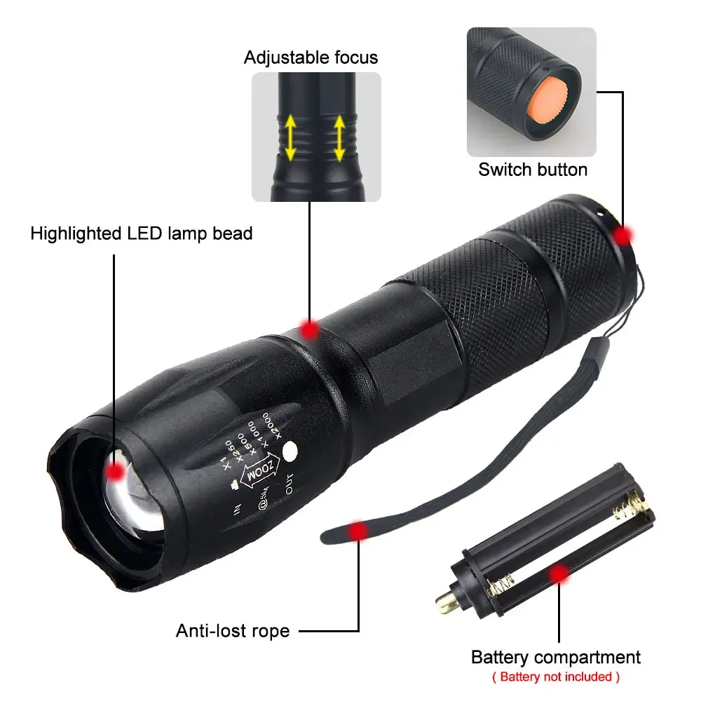 Tactical Green/Red/White Light LED Hunting Flashlight Zoomable Torch Waterproof Outdoor Camping Fishing Lamp