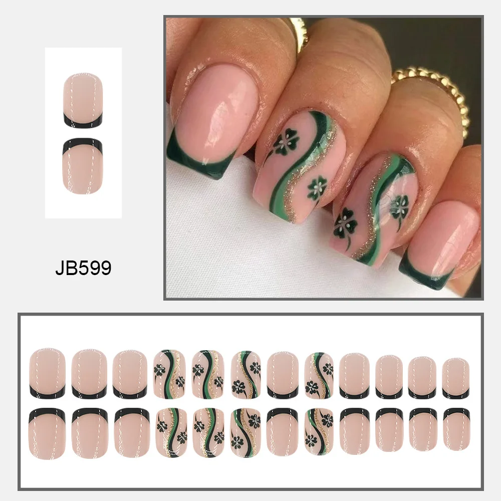 24pcs Glitter False Nails Women Short Square Ready-made Artificial Fake Nails Clover Glued Press on Nails Prosthetic Nail Set