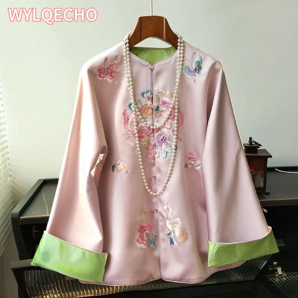 Chinese Traditional Top Embroidery Coat Acetic Acid Satin Double-sided Women's High-end Fashion  Retro Buckle Spring Autumn