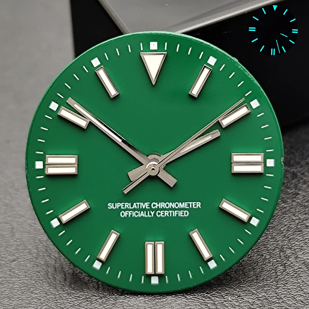 Blau-Grün Leuchtendes 28,5mm Zifferblatt ohne Datum, Zeiger mit individuellem Logo, passend für NH35 8215 2824 2836 Uhrwerke, Uhrenzubehör – Detail 2