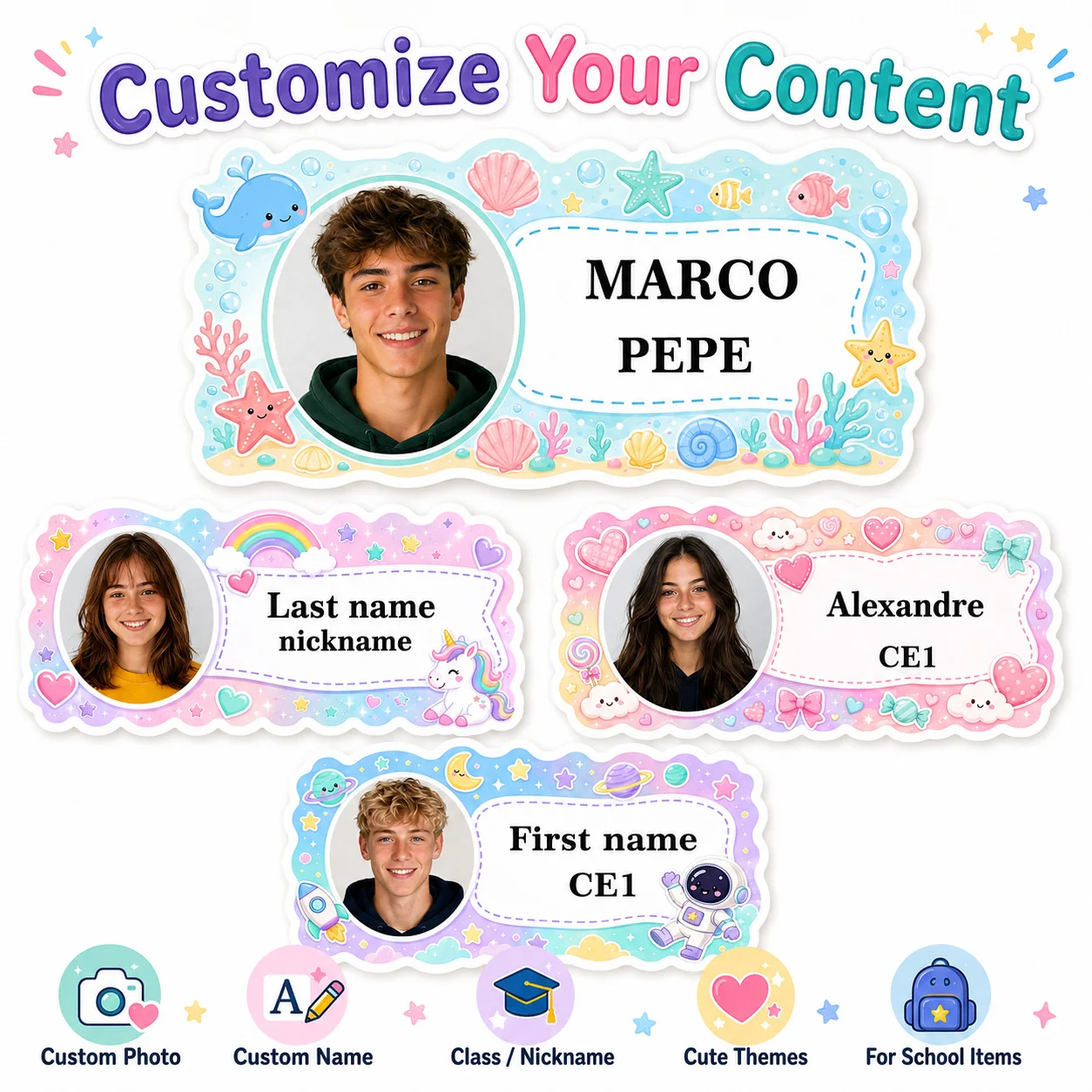 Customized Name Tags for the Back-To-School Season, Personalized and Customizable Name and Class Stickers, Waterproof Label Stickers