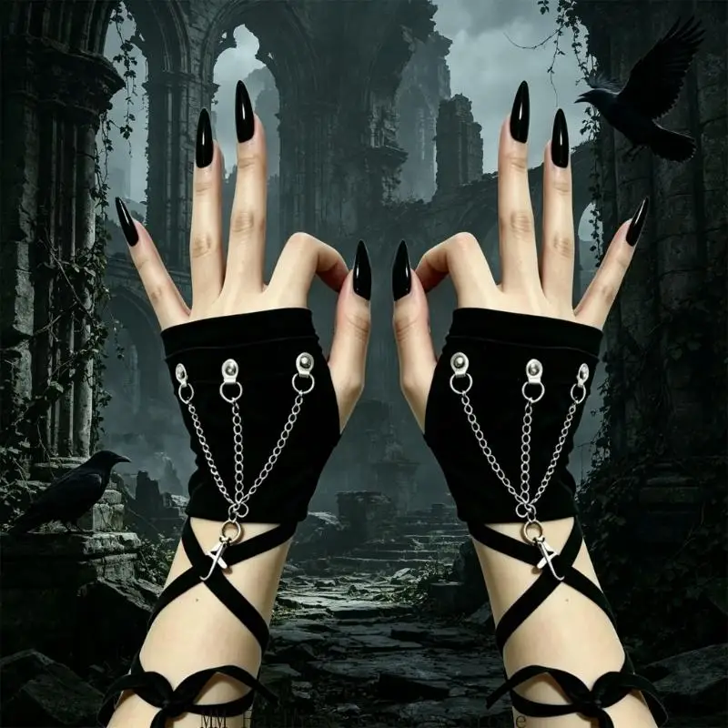 Chain Decors Gloves Fingerless Sleeve Pair in Black Polyester, Wrist Accessory for Festival Styling and Layered Outfits D0UB