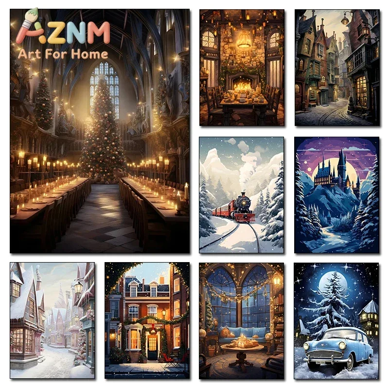 Christmas Magic School Castle Express Canvas Print Magician Movie Wall Art Poster for Modern Living Room Winter Home Decor Gifts