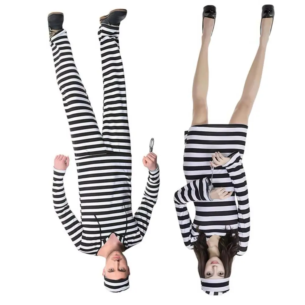 Halloween Dress-Up Jail Inmate Uniform With Hat & Cuffs Prisoner Costume For Adult, Women Striped Mini Dress Men Top Pants Set