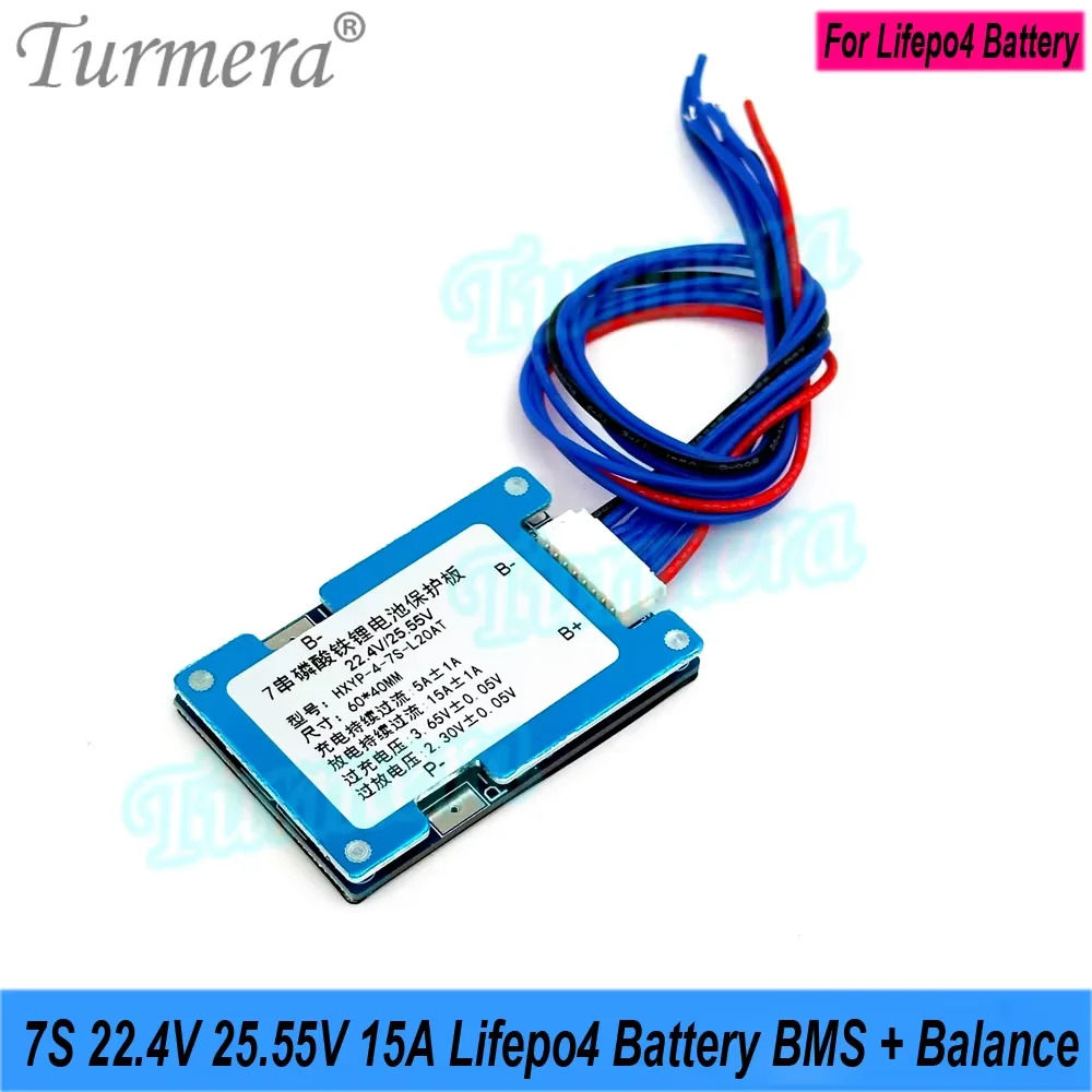 Turmera 1S-7S 3.2V-25V 15A 20A Lifepo4 بطارية BMS مع توازن لبطاريات 9.6V 12.8V 18V 24V 32700 33140 C40 Lifepo4 للاستخدام بنفسك