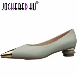 【JOCHEBED HU】Golden lron head Pointed Toe Design Spring Fashion Sexy Soft Genuine Leather Street Walking Women Shoes Heels High