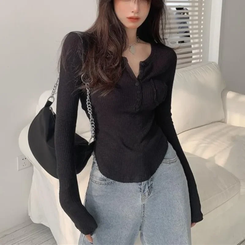 T-shirt Donna Casual Slim Femminile Estate Sottile All-match Harajuku Semplice Manica Lunga a Prova di Sole Colori Puri Stile Coreano Moda