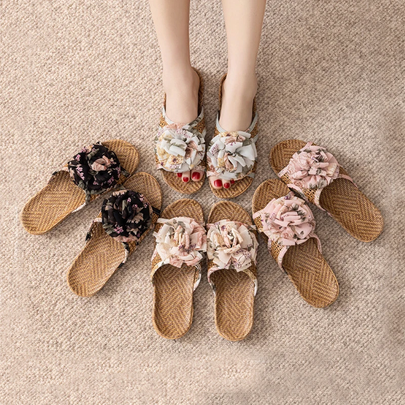 

New summer rattan mat home mat slippers bow household indoor cool bamboo fish mouth rattan straw sandals non-slip