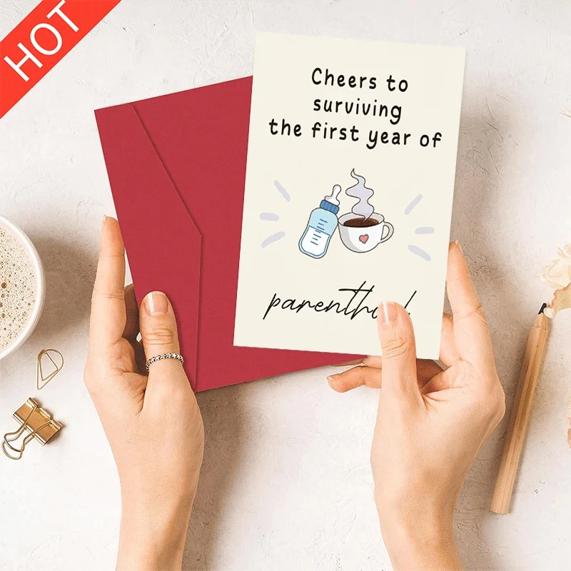 

Cheers to Surviving First Year Parenthood Greeting Card New Parents Celebration Card with Baby Bottle Coffee Print