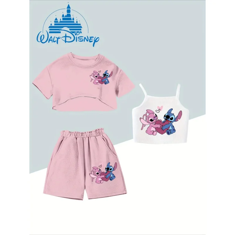 3 Potong Set Musim Panas Anak Perempuan Kartun Disney Stitch dengan Tank Top dan Celana Pendek Bertali - Penting untuk Aktivitas Luar Ruangan