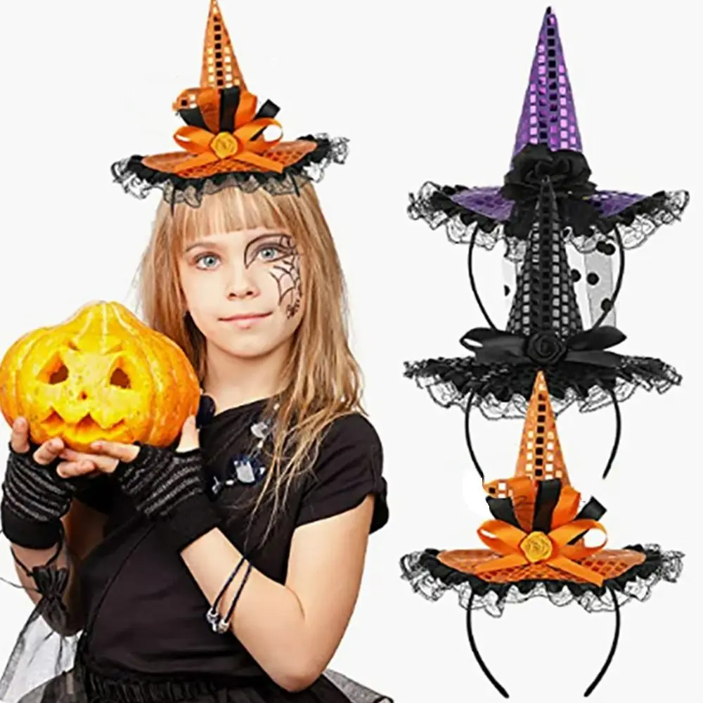 Cute Lace Halloween Witch Hat Hair Hoop Headband Cartoon Halloween Party Hair Band Party Decor Hat Sequin Dressing Up Props