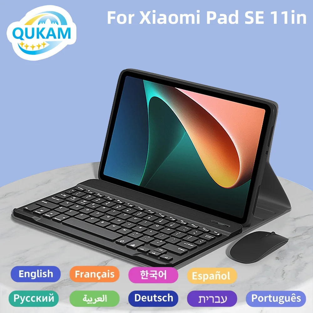 xiaomi-redmi-pad-se-11インチスマートタブレットケース、bluetoothワイヤレスキーボードと24ghzマウス、マグネットカバー付き、スペイン語・ヘブライ語対応