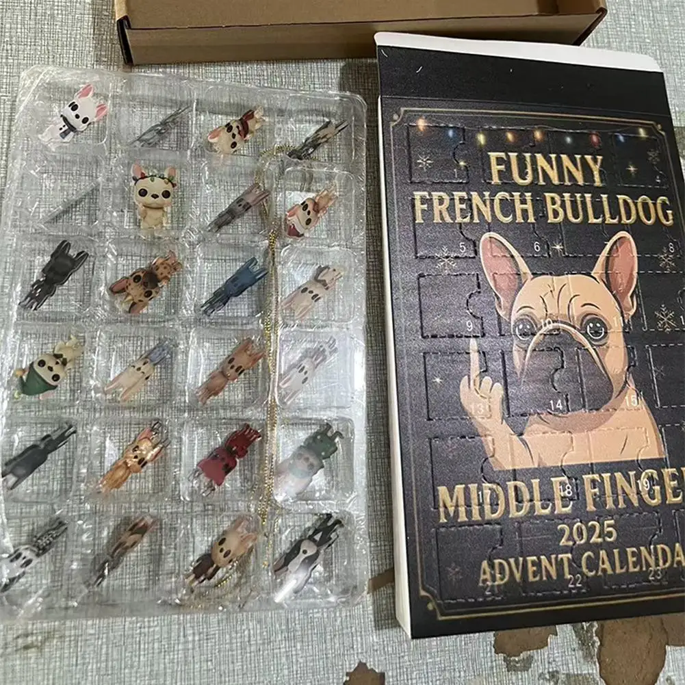 2025 24 Tage festlicher Countdown-Weihnachtsbaum, 2D-Acryl-Anhänger, lustiger Mittelfinger, französische Bulldogge, Blindbox, Adventskalender
