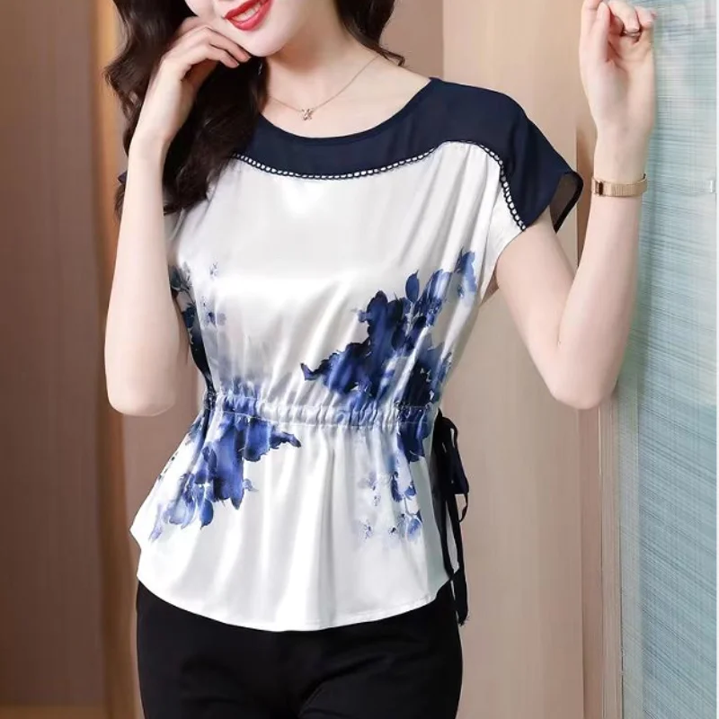 

Blouse female 2023 imitation silk chiffon double print loose short sleeve waist lace up fashion foreign original female T-shirt