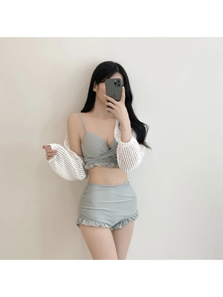 Sexy Fashion Temptation Simple Three-piece Split Female Hanging Straps Underwear Wind Cover Belly Thin Swimwear 2024 New Trendy