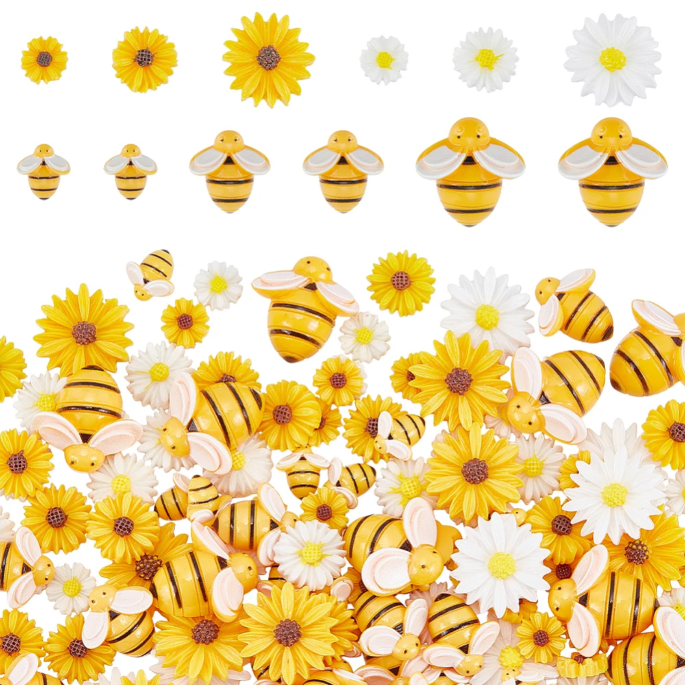

135Pcs 9 Styles Opaque Resin Cabochons Sunflower Bees Mixed Color 9~20x9~19.5x3~8mm