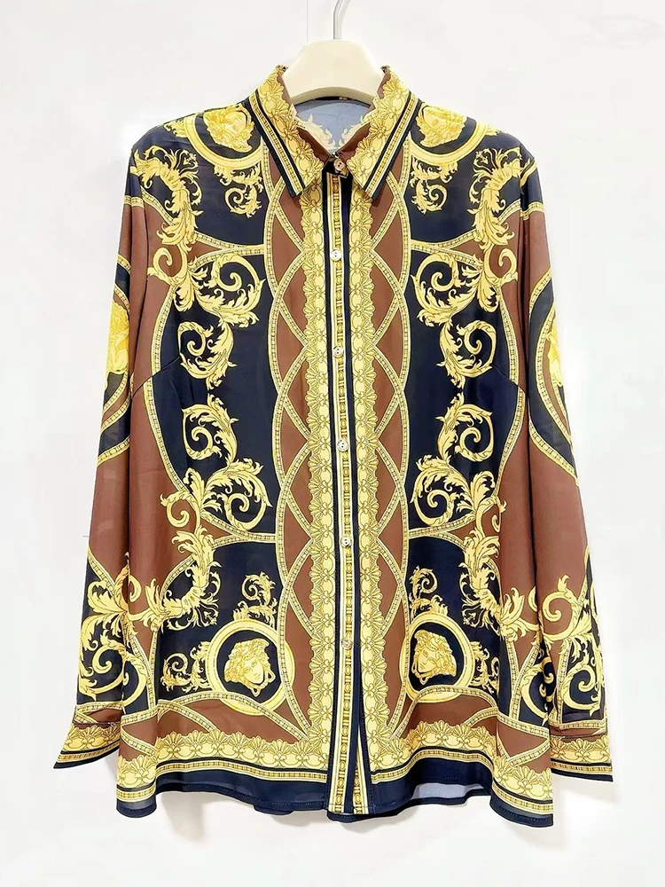 Retro-geometrisch bedrucktes Langarmhemd mit Revers, Frühjahr 2026, Damenmode, vielseitig, locker, Oversize-Chiffonhemd