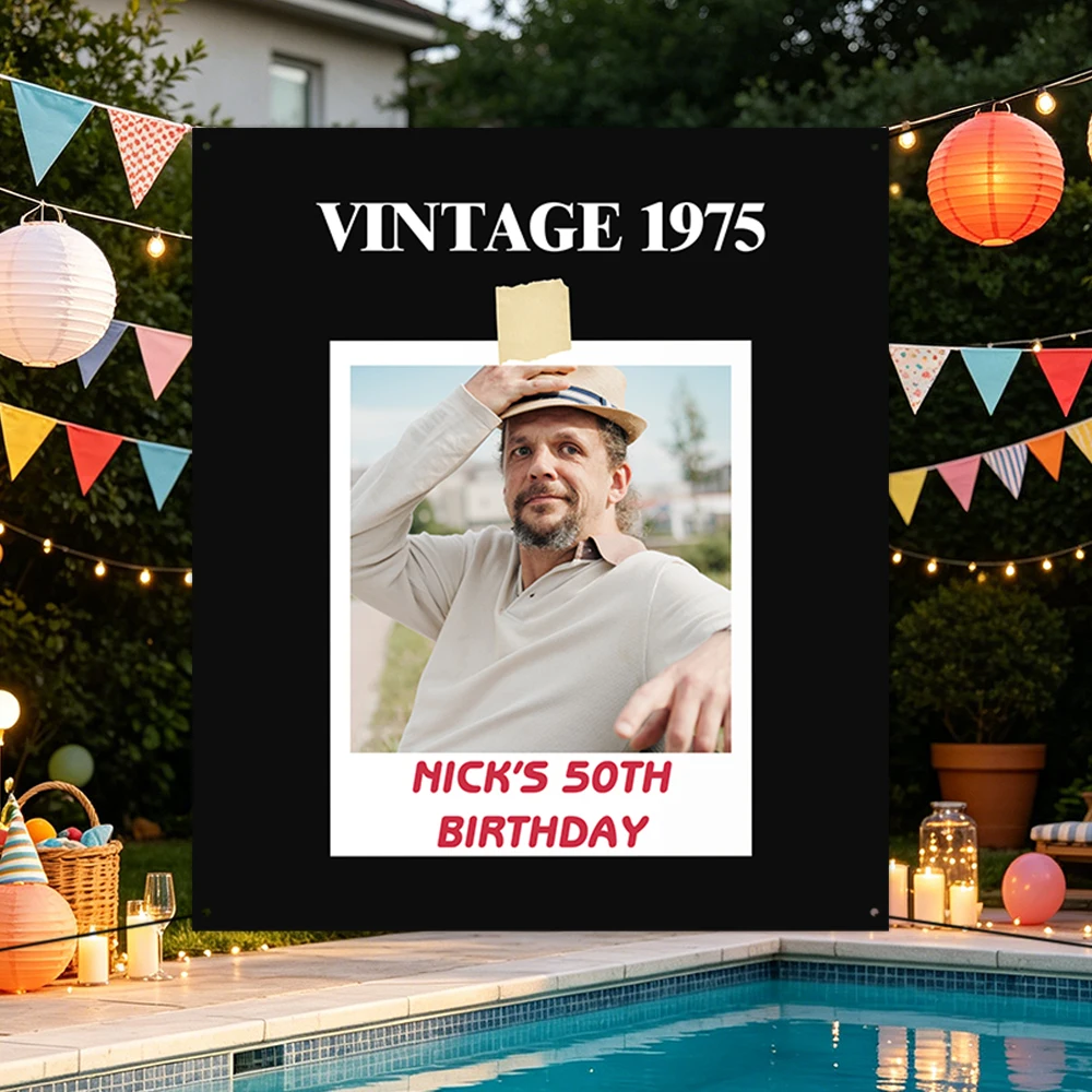 Personalisiertes Foto- und Text-Geburtstagsbanner im Polaroid-Stil, Vintage-Party-Dekoration, Willkommensschild, Outdoor-Event-Poster