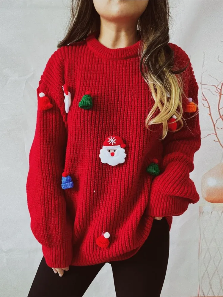 

Autumn Winter New Handmade Decorative Christmas Sweaters Women Fashion Cute O Neck Long Sleeve Knitted Pullover Sweater Female