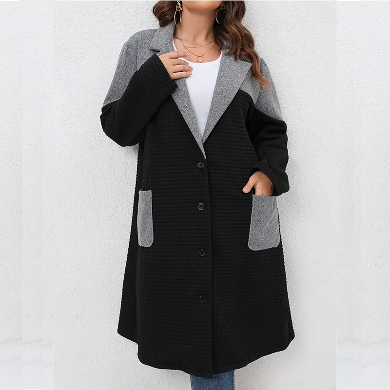 Women Color Collision Cardigan Jacket Fashion Casual Long Jacket Fall Winter Plus Size Female Clothing Lapel Pocket Elegant Coat