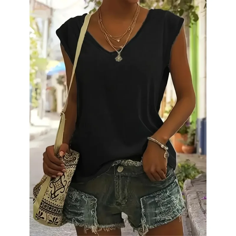 Plus Size Damen Einfarbig Modisches ärmelloses T-Shirt mit V-Ausschnitt Dreiteiliges Set Lässige und lockere Sommer-Street-Tanktops