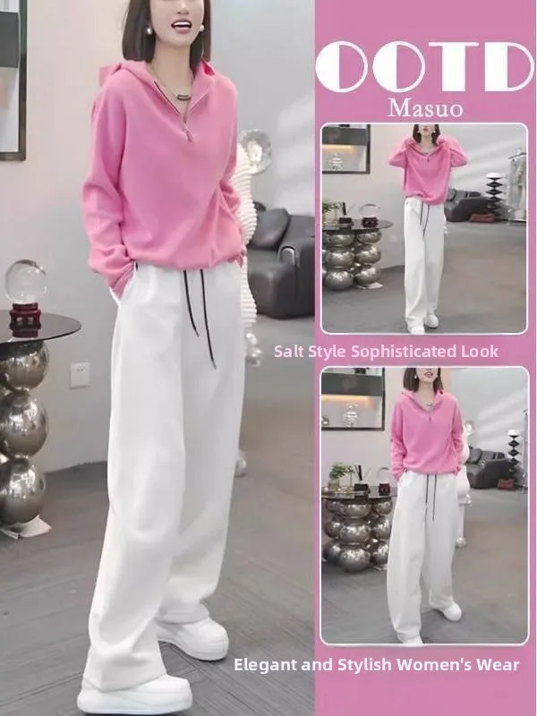 

Комплект из двух предметов: розовое худи большого размера для весны/осени и широкие брюки с высокой талией для спорта и повседневной носки, антивозрастной эффект