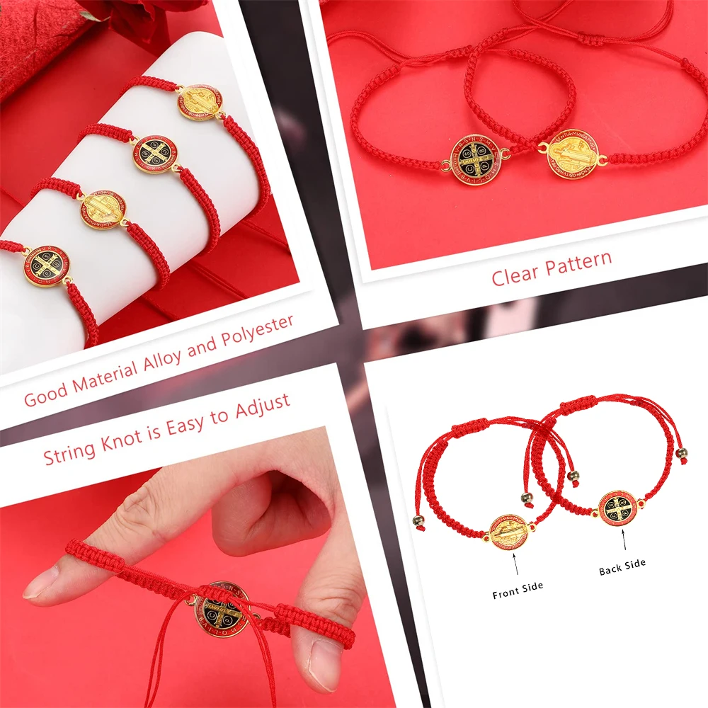 أساور بحبل أحمر وأسود ، ميدالية القديس بنديكت للحماية ، سان بنيتو الله الكاثوليكية ، هدية صلاة مصنوعة يدوياً ، 24 مديتو #6