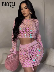 BKQU Crochet Sequin Two Piece Skirt Set Women Summer Beach Clothes Hollow Out Sexy Long Sleeve Cover-Up Mini Skirt Clubwear Suit