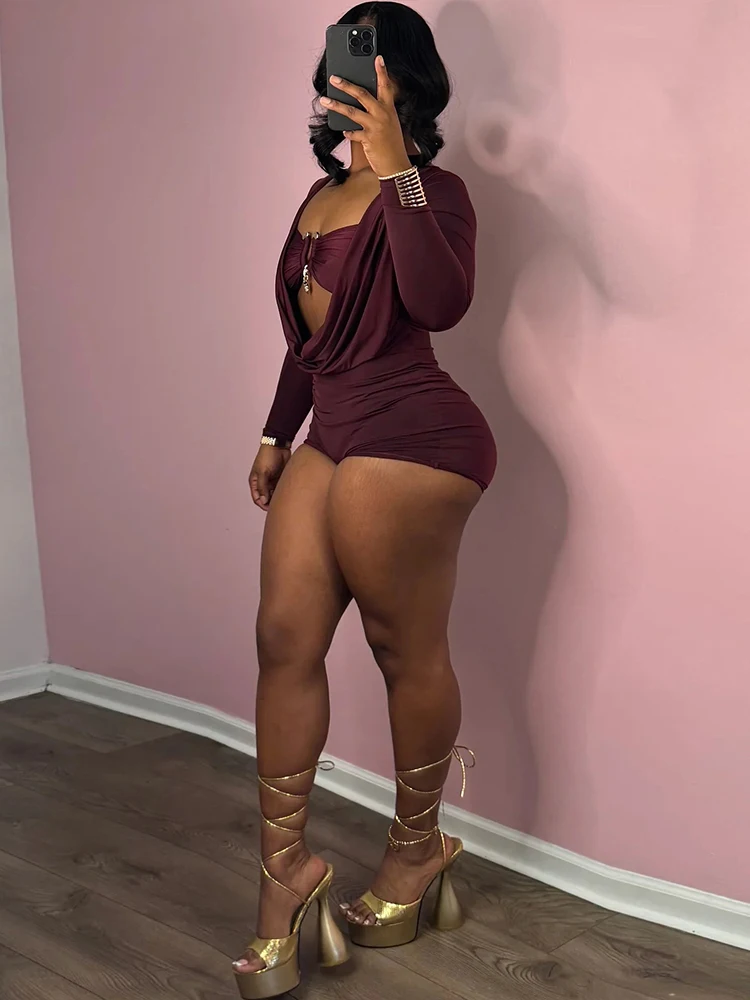 Sisterlinda Playsuits mit schwingendem Ausschnitt für Damen, einfarbig, mit Metalleinsatz, Ausschnitt, volle Ärmel, Stretch, sexy, schmal geschnitten, schick, trendige Clubwear – Detail 17