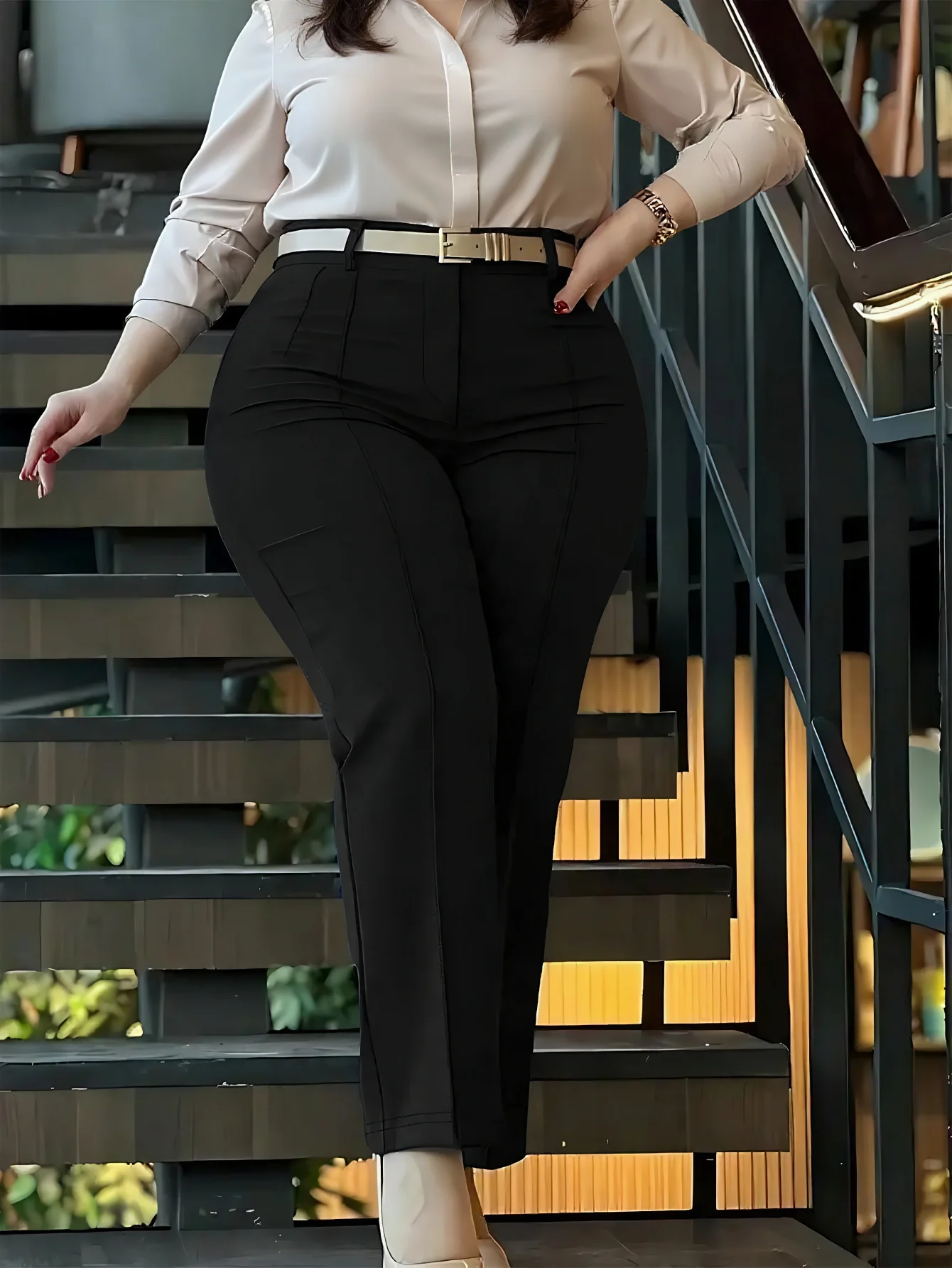 Plus Size Women's High Waist Pants Elastic Back Tapered Leg Cropped Trousers Office Workwear
