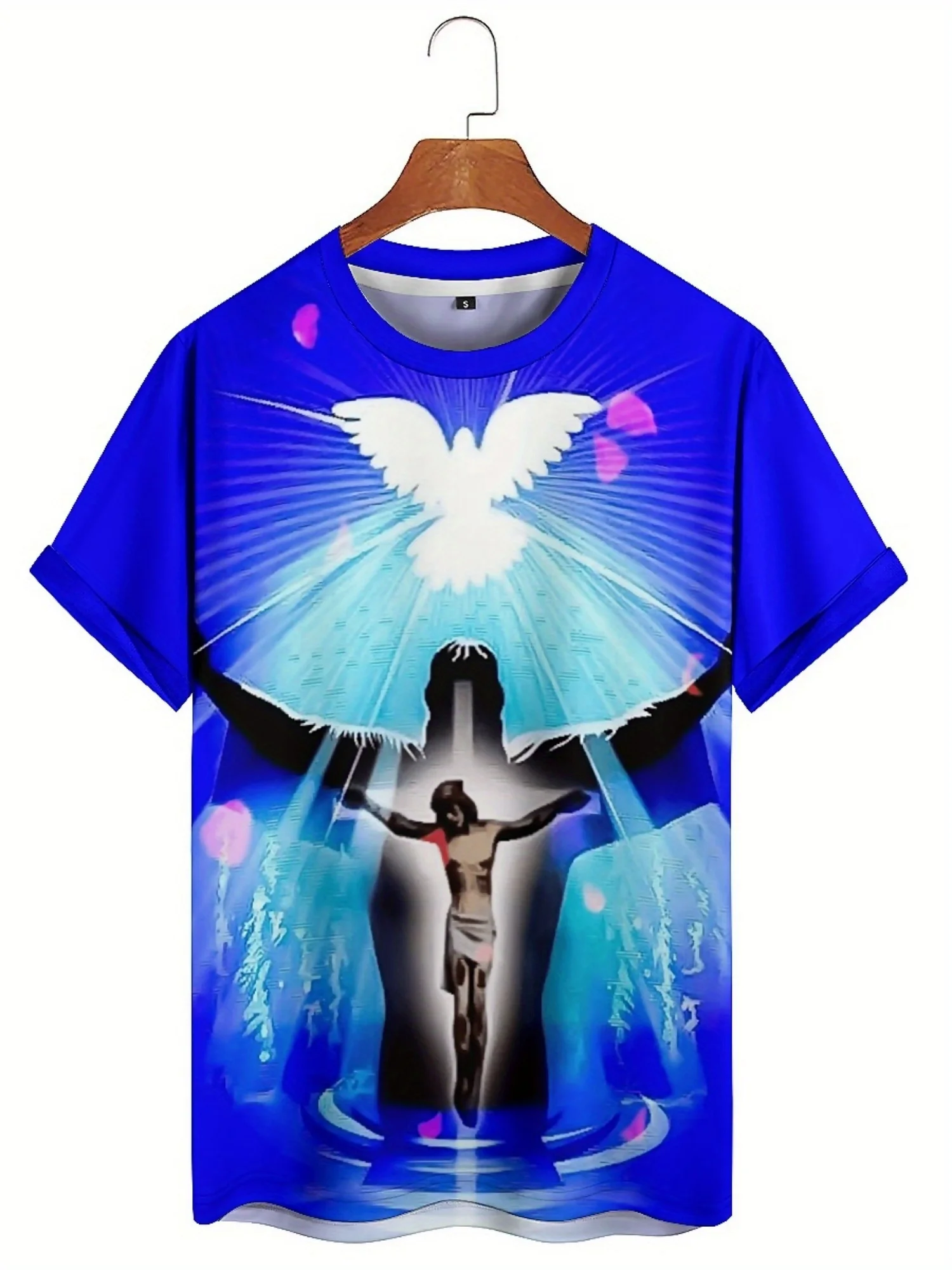 Camiseta masculina plus size com estampa 3D Jesus - azul com design de asa branca, manga curta, poliéster respirável,