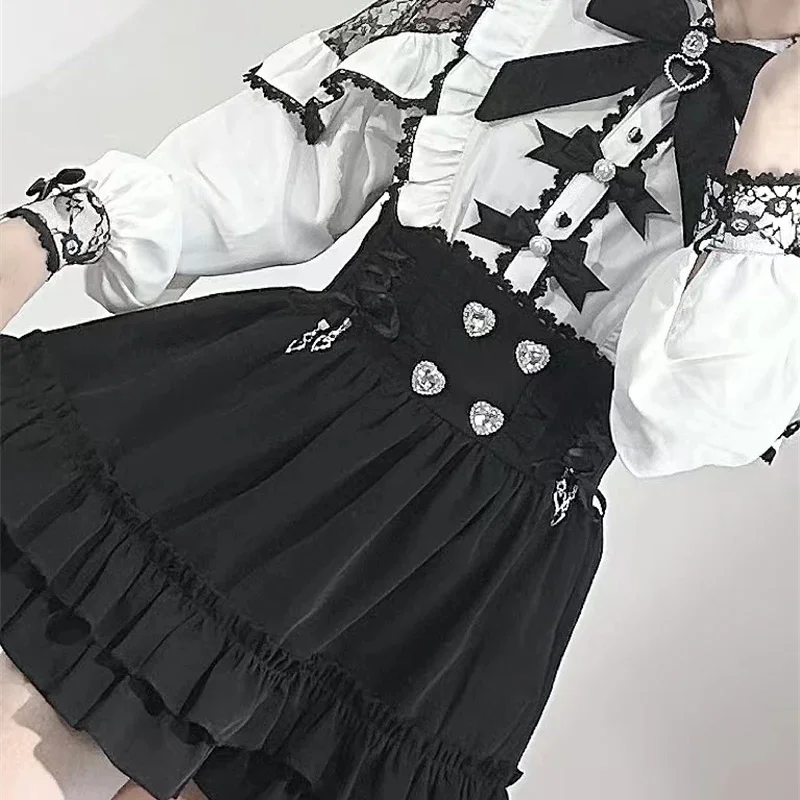 Japanese Y2K Gothic Lolita Two Piece Set Black White Lace High Waist Ruffled Mini Skirt Slimming Outfit Teen Girls Autumn Gift view 6
