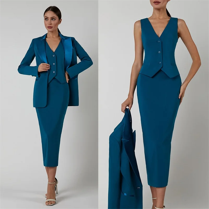 Designer 3 Pcs Vrouwen Suits Rok Set Blazer + Vest + Prom Jurk Satijn Revers Business Office Lady Formele Enkel lengte Custom Made