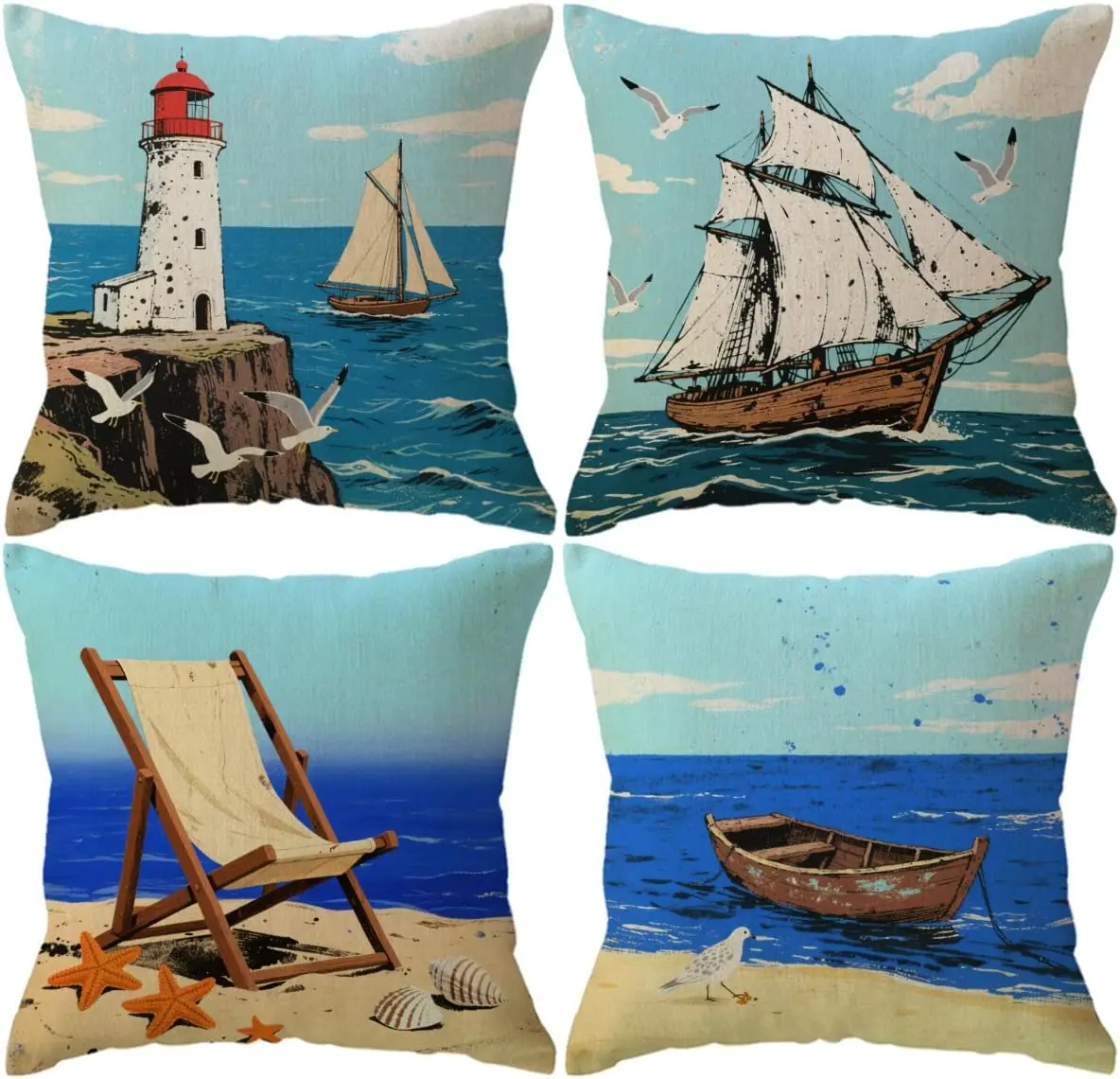 Coastal Beach Nautical Throw Pillow Covers Set of 4 Ocean Seascape Lighthouse Summer Home Decor Cushions Pillow Accent for Livin