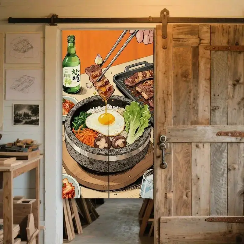 VIKAMA Korean Food Door Curtain Bibimbap Stone Pot Print Room Divider Short Curtain for Kitchen Restaurant Entryway Decor