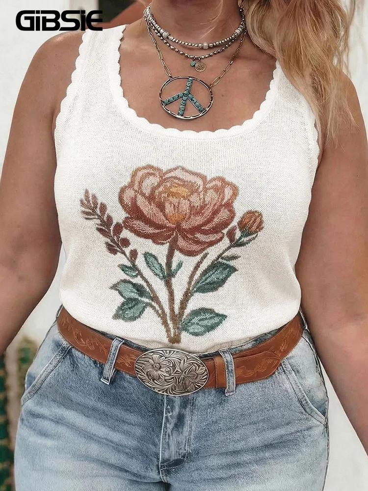 

GIBSIE Plus Size Floral Print Knit Tank Top Women Summer 2026 New Scoop Neck Sleeveless Top for Women Sweet Slim Female Vests