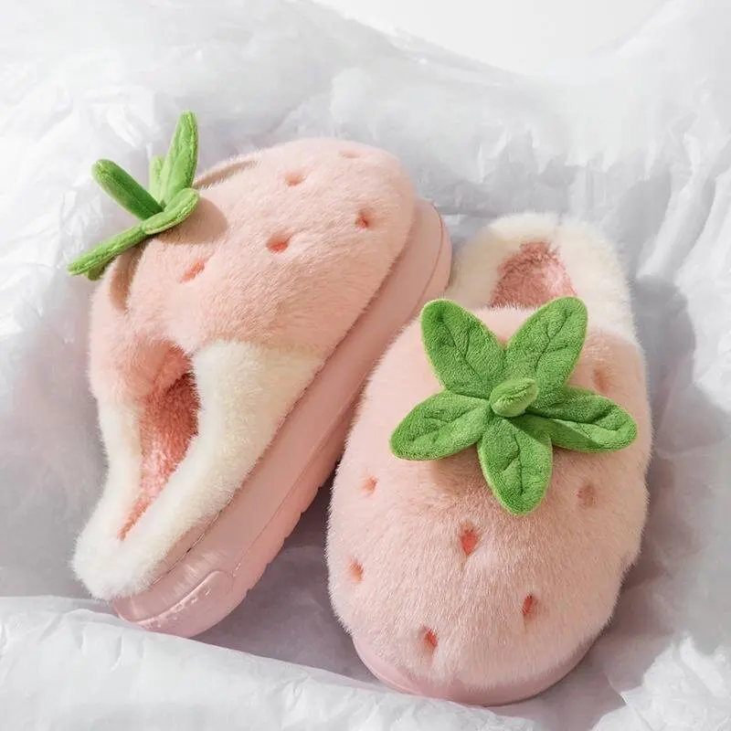 

Cute Pink Strawberry Fruit Slippers Winter Warm Comfortable Indoor Home Shoes Plush Thick-soled Non-slip Lightweight Slippers